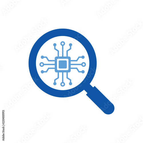 Magnifying glass examines a central computer chip with radiating circuit lines.