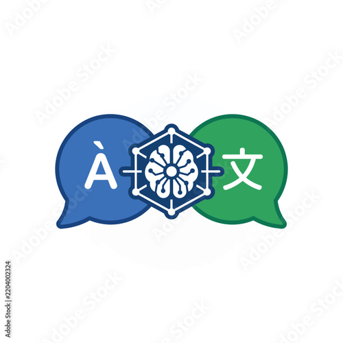 Artificial intelligence icon shows two speech bubbles with different languages linked by a central processing unit, symbolizing advanced machine translation and multilingual communication.