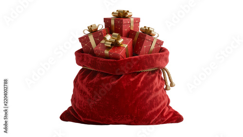 Red velvet Santa sack overflowing with red patterned gift boxes tied with gold ribbons, isolated on transparent background