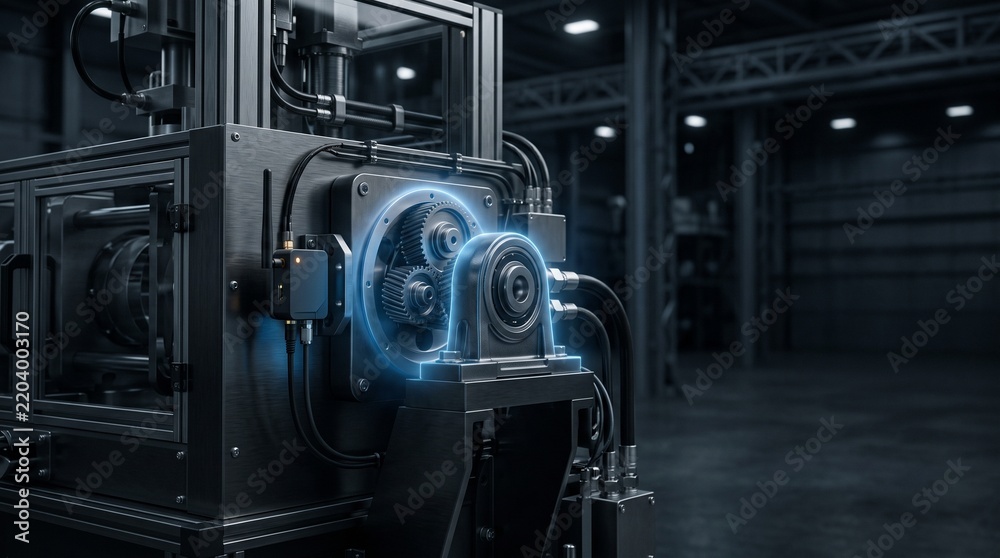 Fototapeta premium Industrial Factory Machine with Glowing Blue Digital Twin Interface