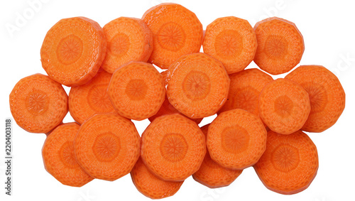 Konstfotografi Pile of fresh orange carrot slices, isolated on transparent background