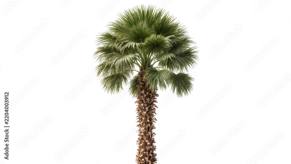 Obraz premium Tall palm tree with green fronds and textured brown trunk, isolated on transparent background
