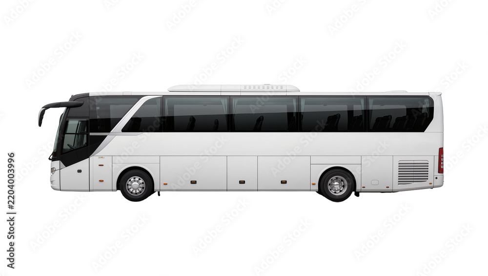 Fototapeta premium Modern white passenger coach bus with tinted windows, isolated on transparent background