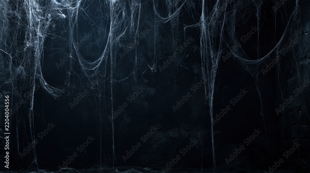 Obraz premium Dark eerie underground scene with hanging cobwebs creating spooky and mysterious atmosphere in low light environment