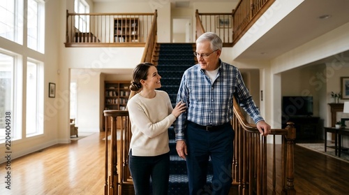 Smiling adult daughter helping senior father downstairs inside luxury home