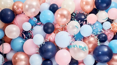 Full frame backdrop filled with pastel pink blue and metallic gold bunch of balloons