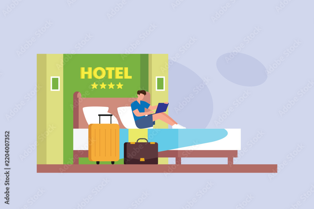 Obraz premium Man Working on Laptop in Four Star Hotel Room 2d flat vector illustration