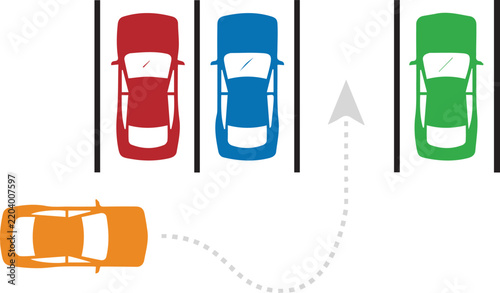 Parking Illustration with Colorful Cars and Spaces. Automotive Concept Design Featuring Guidance, Maneuver