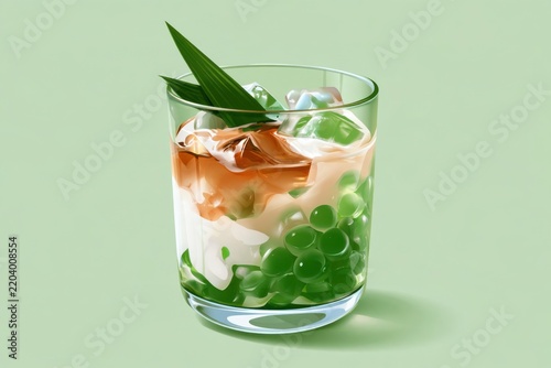 Cold Asian Dessert Green Jelly Coconut Milk Glass