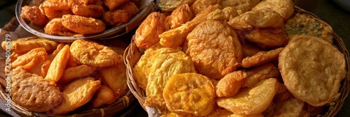Golden Crispy Assorted Fried Snacks In Warm Baskets Close Up