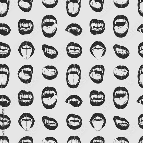 Halloween linear seamless pattern with vampire open mouth, fangs and tongue. Female black lips with long pointed canine teeth. Vintage background for holiday decoration, print, wrapping paper, banner