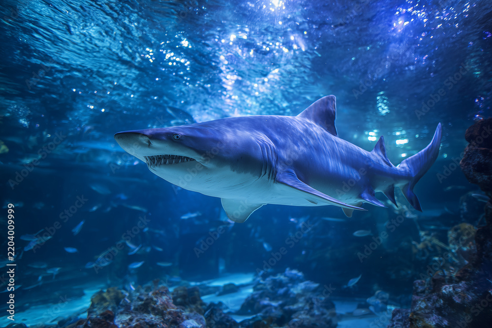Fototapeta premium Large shark swimming in blue underwater aquarium with light rays