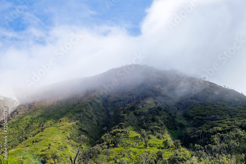 Dramatic landscape of a foggy Mount Talang with lush green slopes in West Sumatera, Indonesia