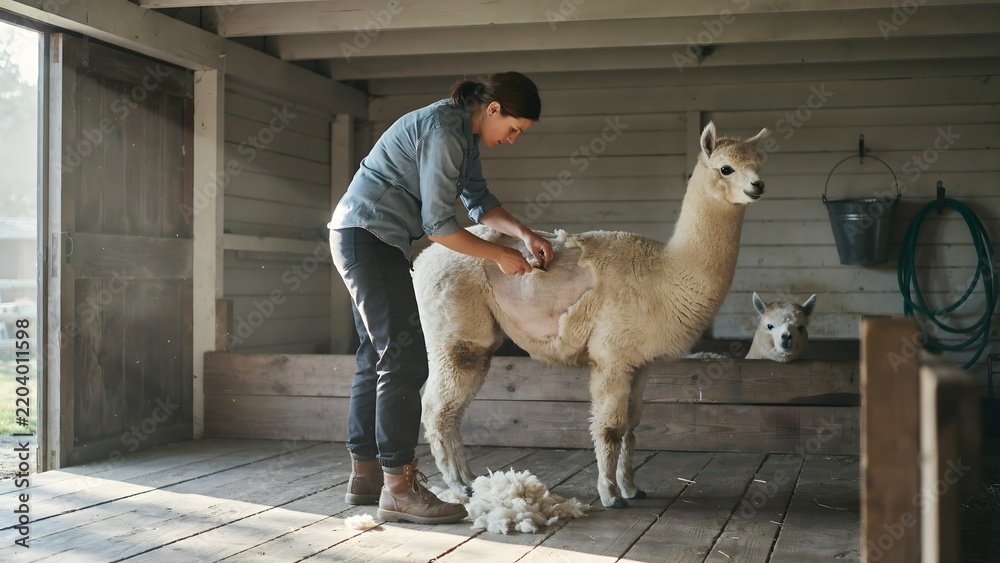 Fototapeta premium Woman Cleaning and Caring for Alpaca in Wooden Farm Shelter Interior