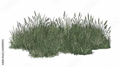 Tall wild grass vector patch detailed ink line art green lawn illustration