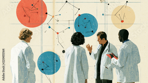 A group of four diverse scientists in lab coats engage in a collaborative discussion, showcasing innovation and teamwork against a backdrop of scientific diagrams and symbols.