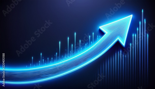 neon glowing blue curved arrow moving up concept of stock market business growth financial profit economic growth business grow up trend business growth upward arrow sign
