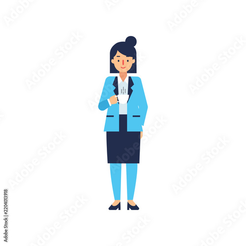 Businesswoman in blue suit holding coffee cup illustration