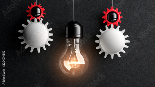 An elegant light bulb suspended between striking red gears showcases the fusion of design and engineering, symbolizing innovation and creativity in modern technology.