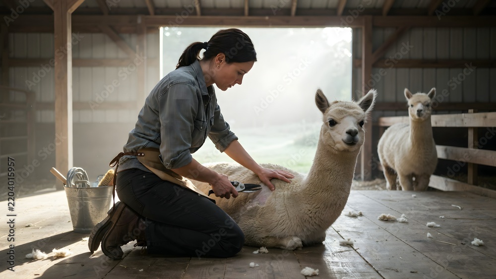 Fototapeta premium Woman Tirelessly Caring for Alpaca in Wooden Stable with Natural Light