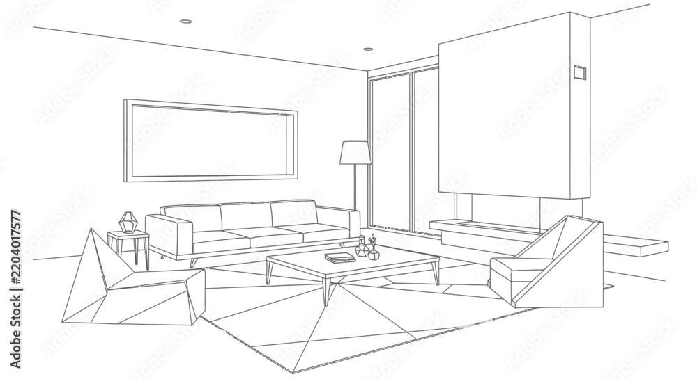 Fototapeta premium Contemporary living room interior design features a comfortable sofa, elegant armchairs, a stylish coffee table, and a prominent fireplace, all rendered as a clean line art illustration on a white.