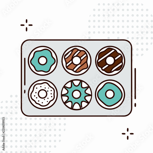 Tray of jelly doughnuts and frosted donuts in flat line style  