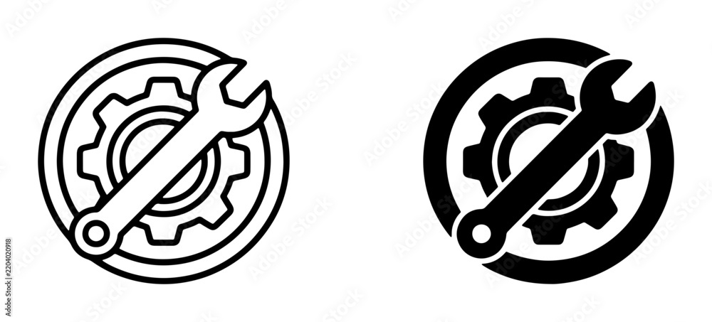 Obraz premium Wrench and Gear Icons: Industrial Service, Mechanical Repair, Technical Support, Engineering Tools, Maintenance Symbols