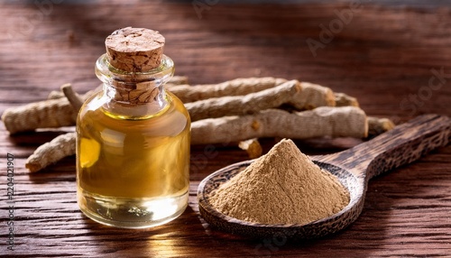 closeup of ashwagandha oil on wooden table