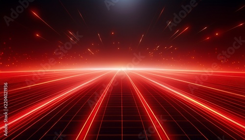 futuristic red laser grid and glowing particles on dark horizon abstract infrared technology background with speed light trails bokeh and shimmering dust sci fi cyber network surface wallpaper