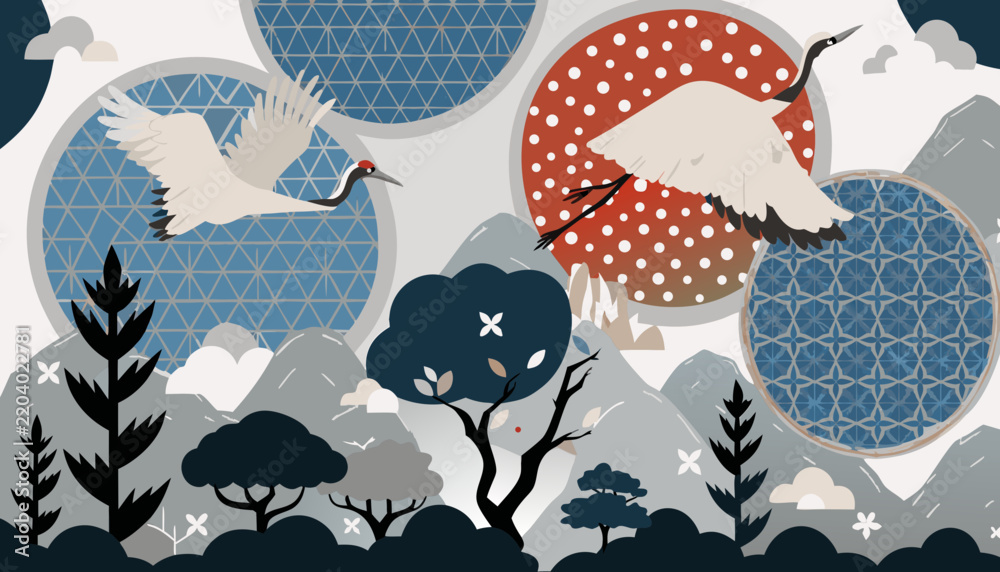 Obraz premium Stylized cranes fly amidst traditional japanese inspired geometric patterns and trees