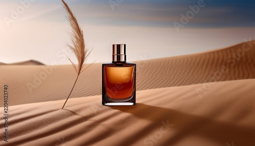 amber perfume bottle with a single dry grass stem on desert sand with ripples product mockup for beauty and luxury