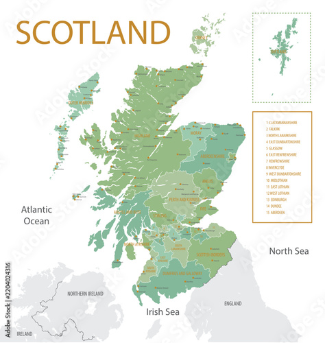 Detailed map of Scotland showing administrative divisions into districts, counties and cities, vector illustration on white background