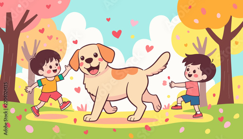 Two children playing with a dog in a park