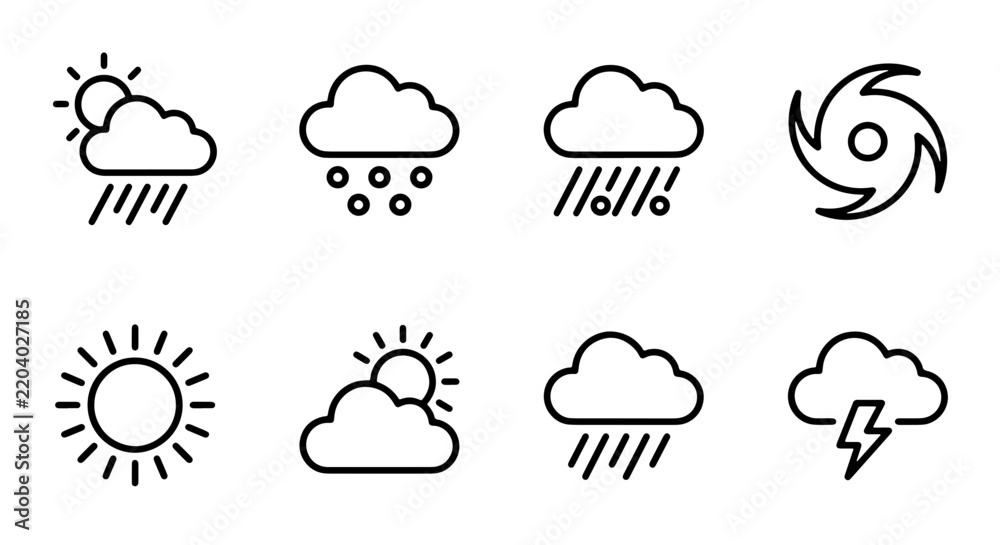 Obraz premium Weather Icons Set: Sun, Rain, Snow, Storm, Hurricane, Cloud, Lightning, Forecast