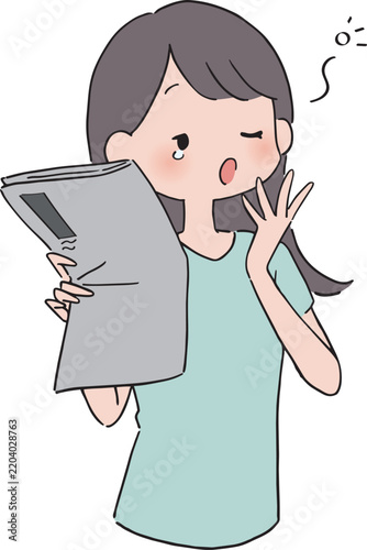 寝起きで新聞を読む女性