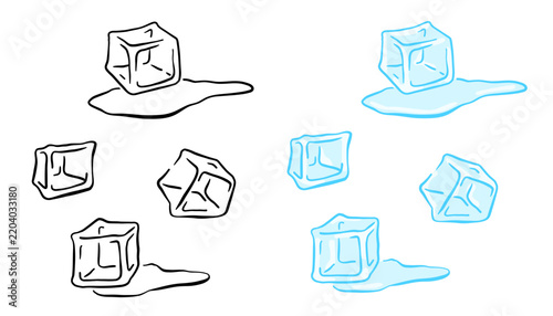 Two sets of transparent blue ice cubes in a doodle style, shown from various angles and stacked in piles.