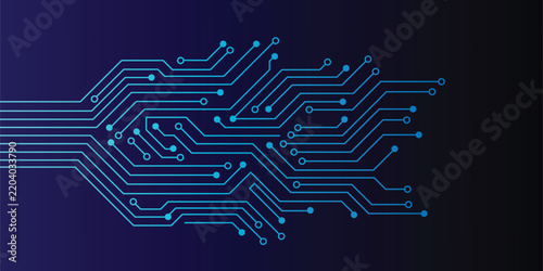 Abstract technology background with circuit board design and glowing blue lines representing digital data flow