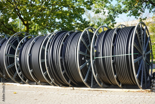 Broadband network deployment in Hannover – Herrenhausen and Stöcken. Fiber-optic cables will subsequently be blown into the protective conduits. Hannover – Stöcken, Germany.