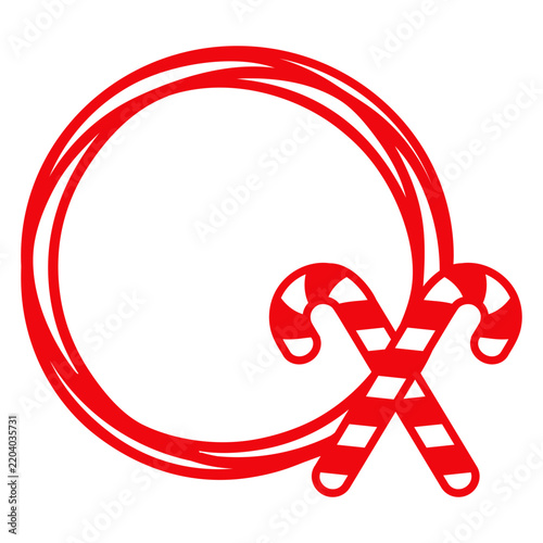 Logo candy cane de Navidad. Icono con dibujo sencillo de una pareja de bastones de caramelo cruzados en marco circular con líneas, para tarjetas y felicitaciones de Navidad