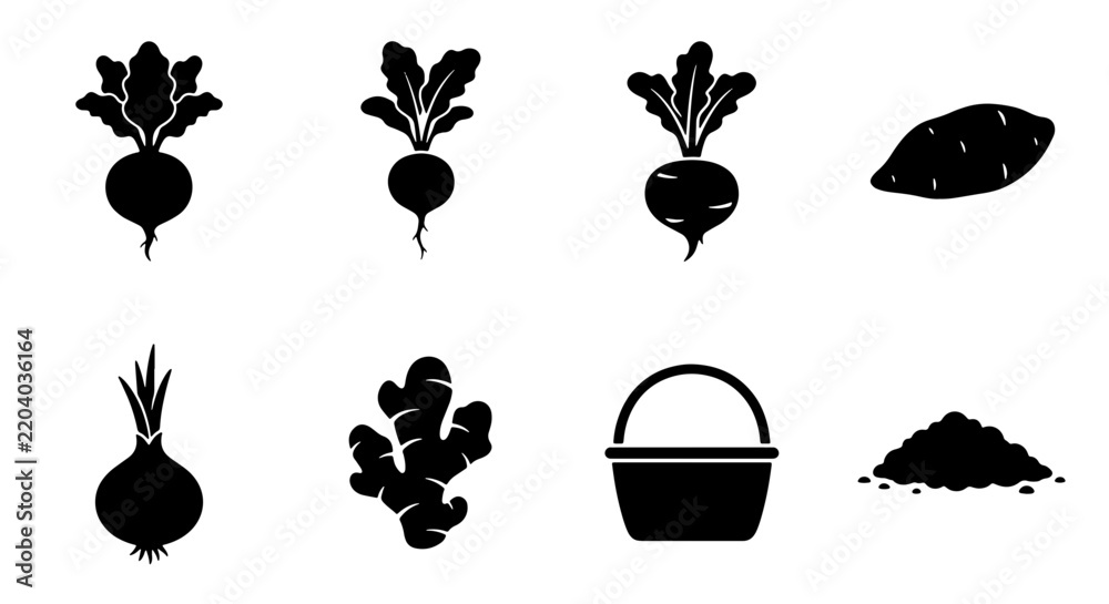 Obraz premium Root Vegetable Icons: Beetroot, Sweet Potato, Onion, Ginger, Basket, Soil, Garden Harvest Collection