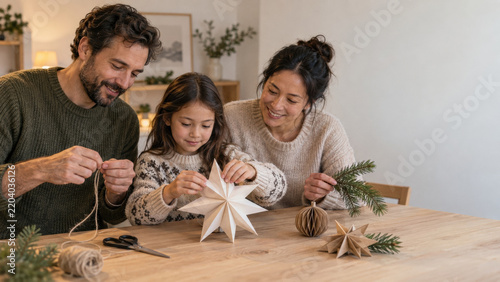 A family makes handmade paper star decorations and wraps twine around a wooden table at home, enjoying a creative holiday activity together.