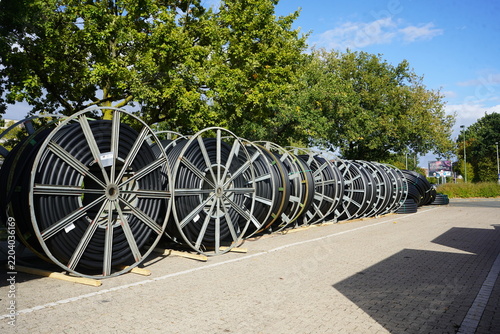 Broadband network deployment in Hannover – Herrenhausen and Stöcken. Fiber-optic cables will subsequently be blown into the protective conduits. Hannover – Stöcken, Germany.