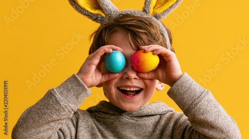 Happy child wearing bunny ears holding colorful Easter eggs covering eyes with joyful smile on vibrant yellow background