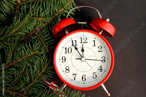 An alarm clock with spruce branches is set against a black background.