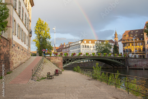 Rainbow Over Historic Strasbourg Old Town with Canal and Traditional Alsatian Architecture, France