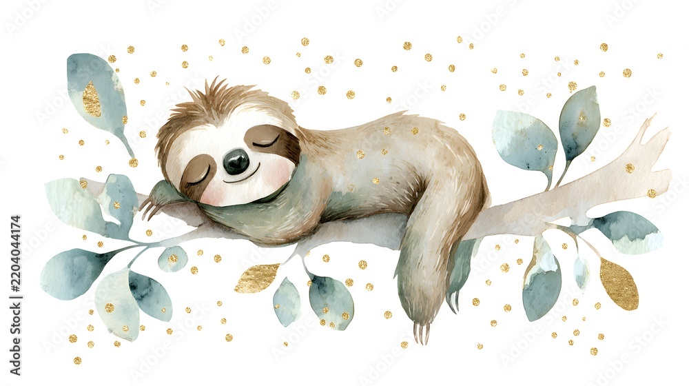Obraz premium Cute baby sloth sleeping on tree branch in watercolor illustration. Sweet wildlife character with green leaves and golden sparkles. Adorable nursery art poster on white background.