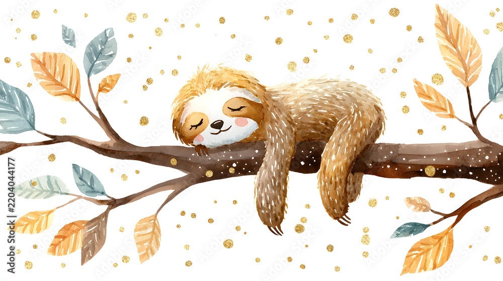 Obraz premium Cute baby sloth sleeping on tree branch in watercolor illustration. Sweet wildlife character with green leaves and golden sparkles. Adorable nursery art poster on white background.