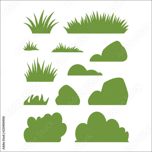 collection of green grass tufts, bushes and rock elements, flat vector nature set, cartoon landscape assets, stylized garden plants, meadow grass patches
