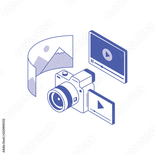 Isometric digital camera with photo and video media icons
