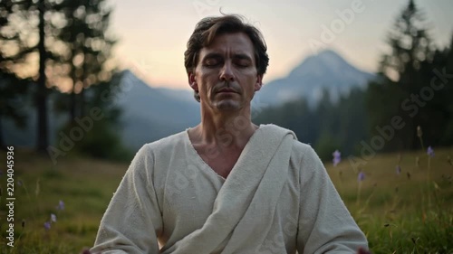 A tranquil man meditates in a serene natural setting, surrounded by mountains and wildflowers at dawn, promoting relaxation and mindfulness through nature immersion